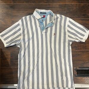 Tommy Hilfiger Men's Polo Shirt - White with Navy Stripes